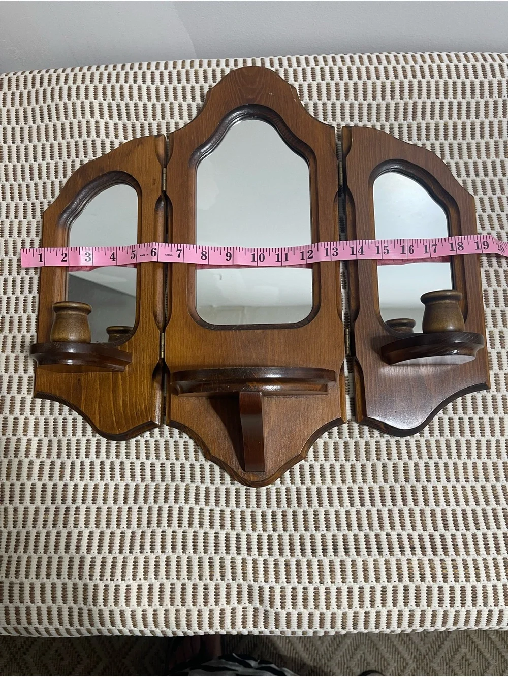 Vintage Wood Tri-View Wall Mirror Shelf in Brown